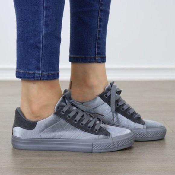 Gray Velvet Low Top Fashion Sneakers - Picture 6 of 8